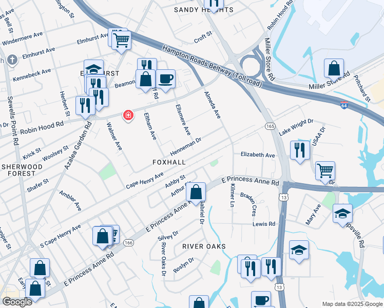 map of restaurants, bars, coffee shops, grocery stores, and more near 5368 Ashby Street in Norfolk