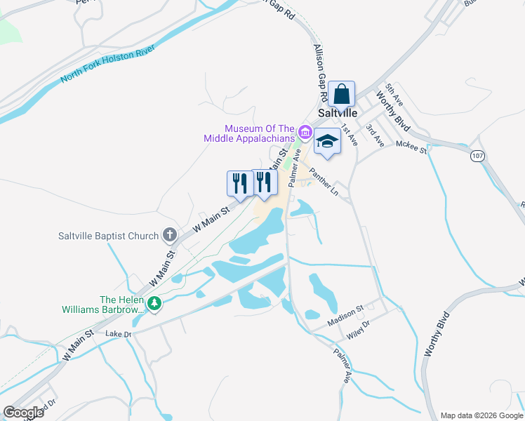 map of restaurants, bars, coffee shops, grocery stores, and more near 402 Palmer Avenue in Saltville