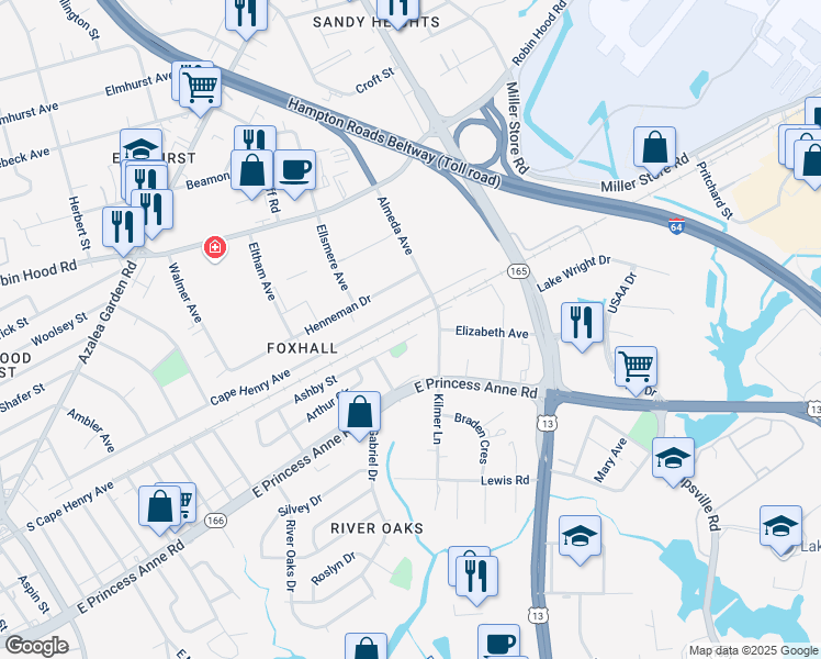 map of restaurants, bars, coffee shops, grocery stores, and more near 5448 Cape Henry Avenue in Norfolk