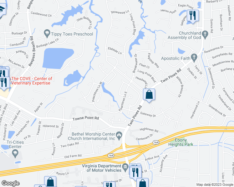 map of restaurants, bars, coffee shops, grocery stores, and more near 3814 Augustine Circle in Portsmouth