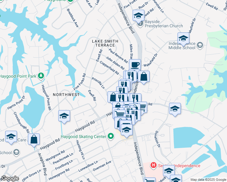 map of restaurants, bars, coffee shops, grocery stores, and more near 1029 Miles Standish Road in Virginia Beach
