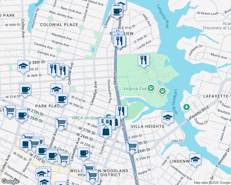 map of restaurants, bars, coffee shops, grocery stores, and more near 109 West 34th Street in Norfolk