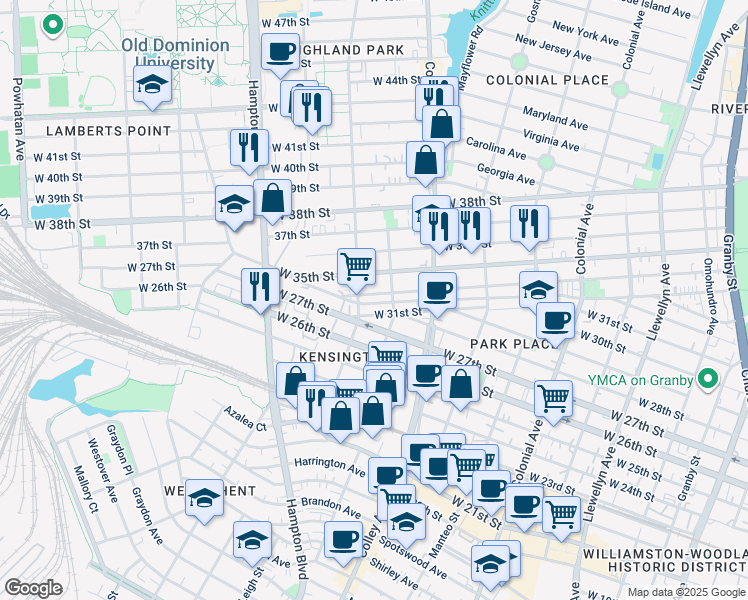 map of restaurants, bars, coffee shops, grocery stores, and more near 857 West 34th Street in Norfolk