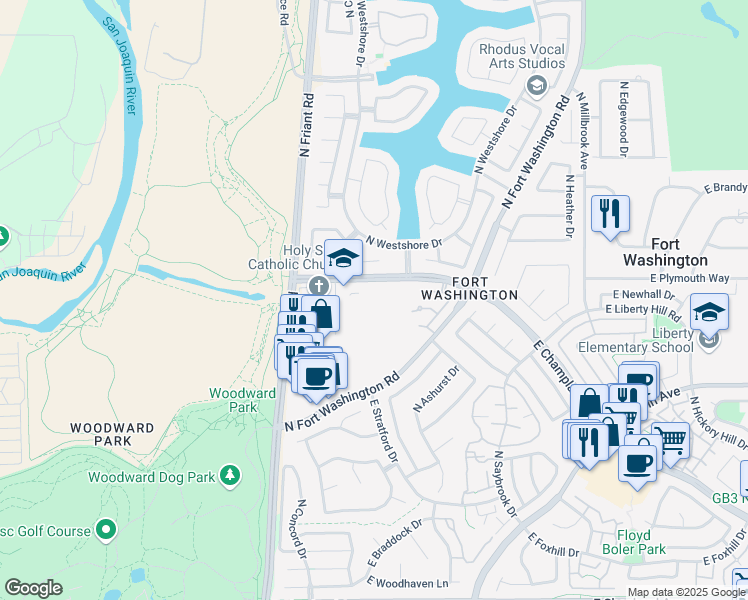 map of restaurants, bars, coffee shops, grocery stores, and more near 465 East Champlain Drive in Fresno