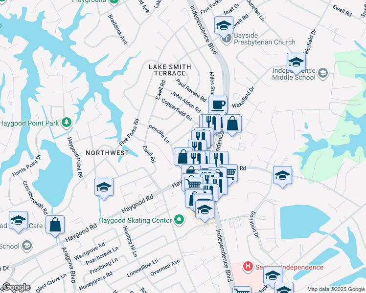 map of restaurants, bars, coffee shops, grocery stores, and more near 1029 Miles Standish Road in Virginia Beach