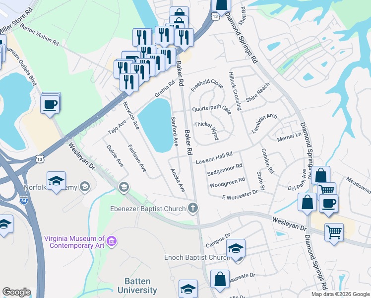map of restaurants, bars, coffee shops, grocery stores, and more near 5540 Quarterpath Gate in Virginia Beach