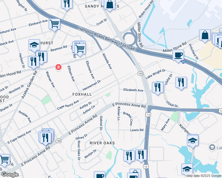 map of restaurants, bars, coffee shops, grocery stores, and more near 5448 Cape Henry Avenue in Norfolk