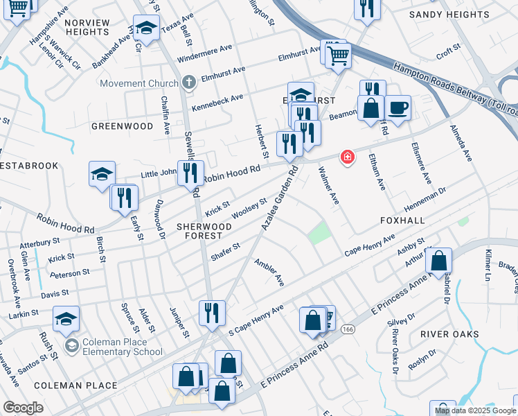 map of restaurants, bars, coffee shops, grocery stores, and more near 5011 Krick Street in Norfolk