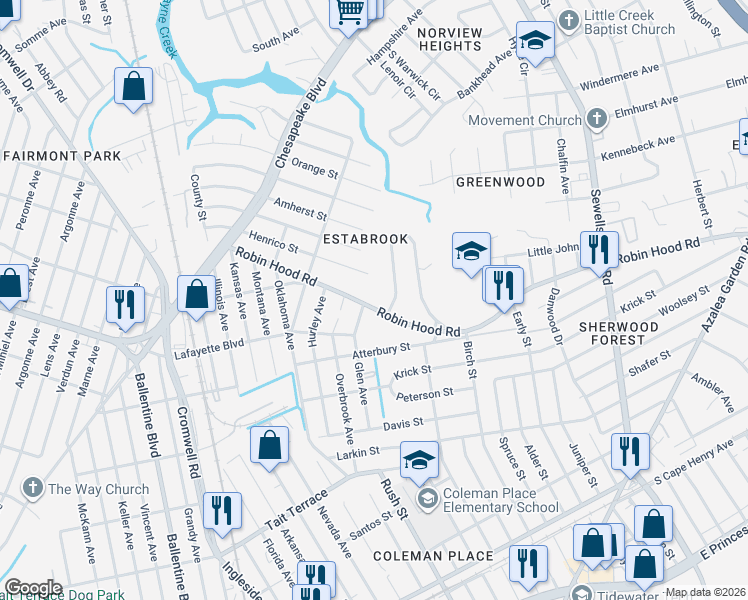 map of restaurants, bars, coffee shops, grocery stores, and more near 3753 Henrico Street in Norfolk