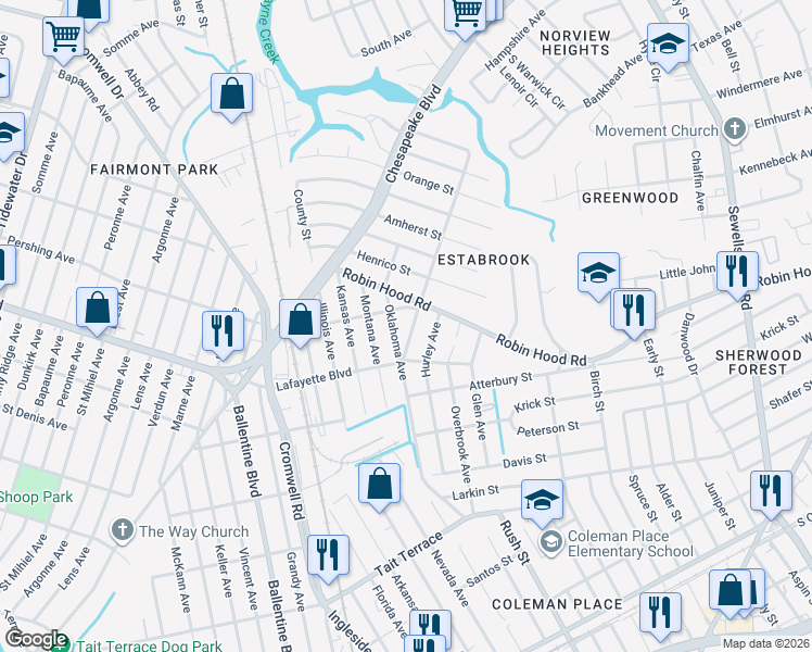map of restaurants, bars, coffee shops, grocery stores, and more near 3673 Robin Hood Road in Norfolk