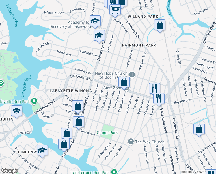 map of restaurants, bars, coffee shops, grocery stores, and more near 2100 Lafayette Boulevard in Norfolk