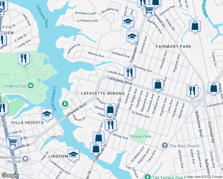 map of restaurants, bars, coffee shops, grocery stores, and more near 3123 Lorraine Avenue in Norfolk
