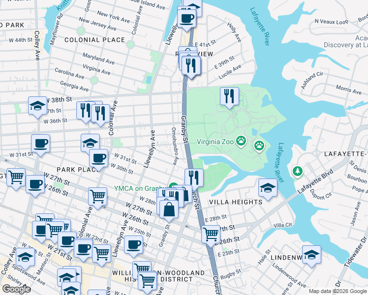 map of restaurants, bars, coffee shops, grocery stores, and more near 109 West 34th Street in Norfolk