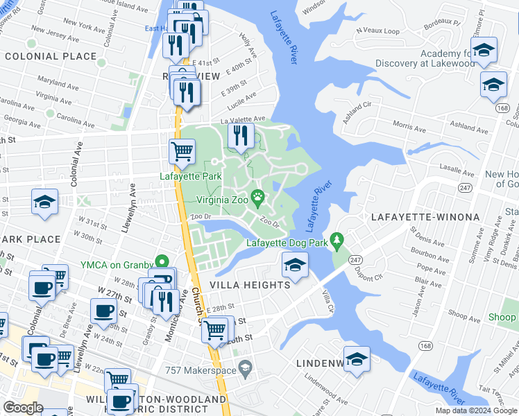 map of restaurants, bars, coffee shops, grocery stores, and more near 3500 Granby Street in Norfolk