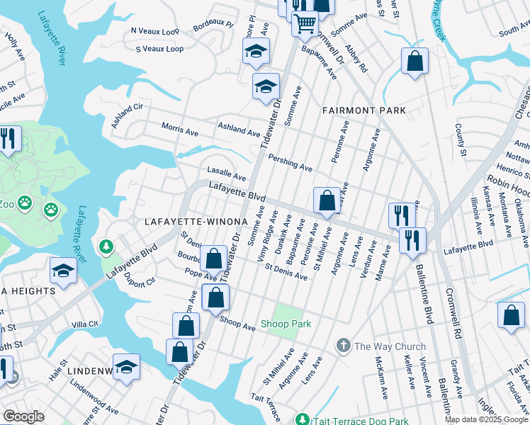 map of restaurants, bars, coffee shops, grocery stores, and more near 3126 Somme Avenue in Norfolk