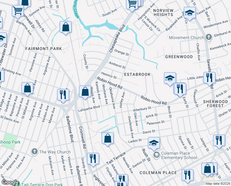 map of restaurants, bars, coffee shops, grocery stores, and more near 3673 Robin Hood Road in Norfolk