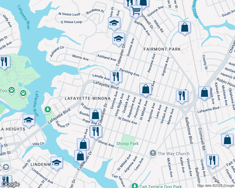 map of restaurants, bars, coffee shops, grocery stores, and more near 3126 Somme Avenue in Norfolk