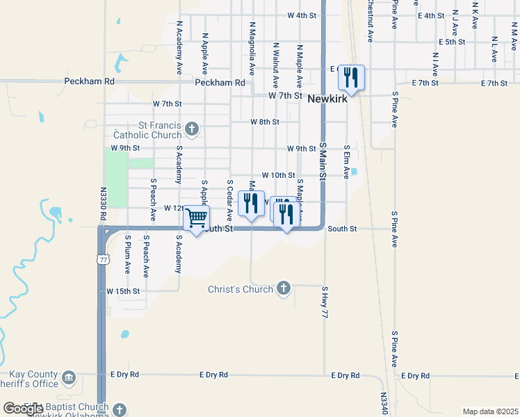 map of restaurants, bars, coffee shops, grocery stores, and more near 424 South Magnolia Avenue in Newkirk
