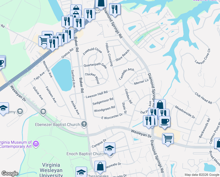 map of restaurants, bars, coffee shops, grocery stores, and more near 1326 Hillock Crossing in Virginia Beach