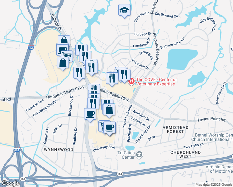 map of restaurants, bars, coffee shops, grocery stores, and more near 6559 Hampton Roads Parkway in Suffolk