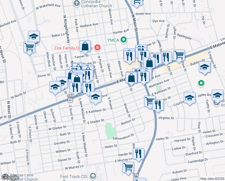 map of restaurants, bars, coffee shops, grocery stores, and more near 403 East Malone Avenue in Sikeston