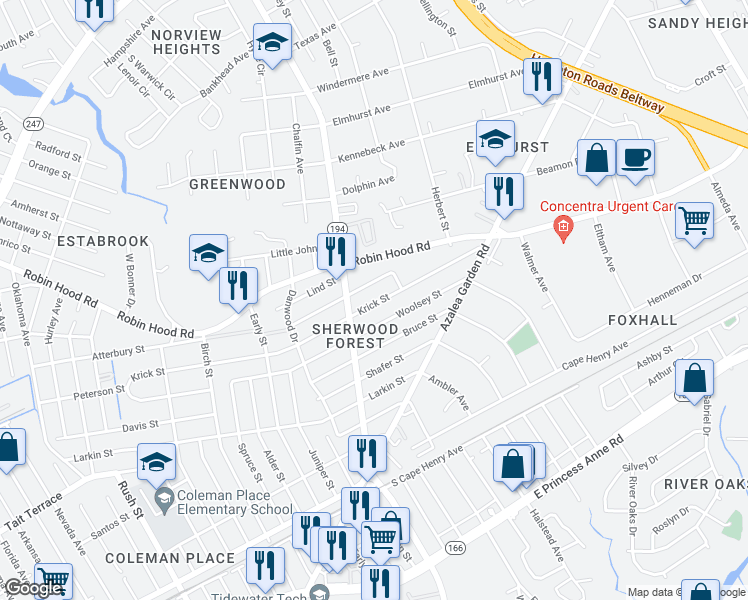map of restaurants, bars, coffee shops, grocery stores, and more near 4914 Krick Street in Norfolk