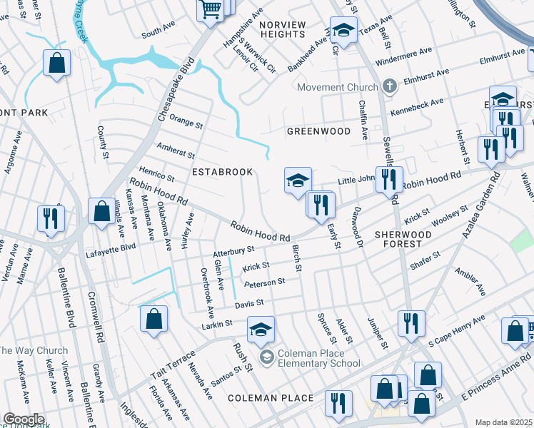 map of restaurants, bars, coffee shops, grocery stores, and more near 3432 East Bonner Drive in Norfolk