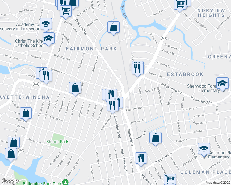 map of restaurants, bars, coffee shops, grocery stores, and more near 3240 Lyons Avenue in Norfolk