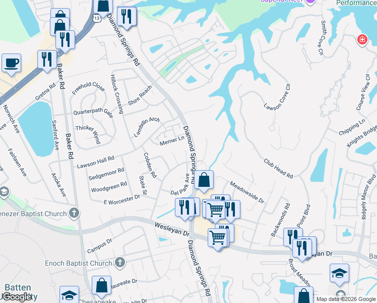 map of restaurants, bars, coffee shops, grocery stores, and more near 5408 Virginia Tech Court in Virginia Beach