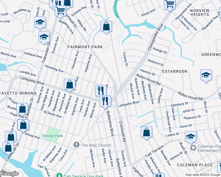 map of restaurants, bars, coffee shops, grocery stores, and more near 3313 Flanders Avenue in Norfolk