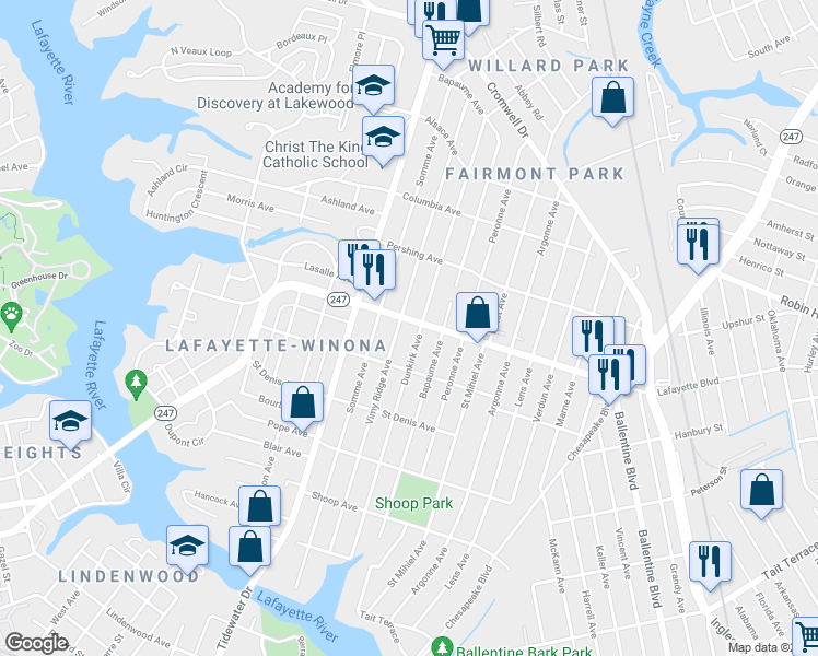 map of restaurants, bars, coffee shops, grocery stores, and more near 2111 Lafayette Boulevard in Norfolk