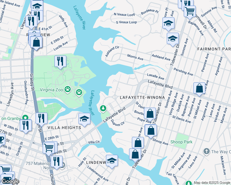 map of restaurants, bars, coffee shops, grocery stores, and more near 3031 Luxembourg Street in Norfolk
