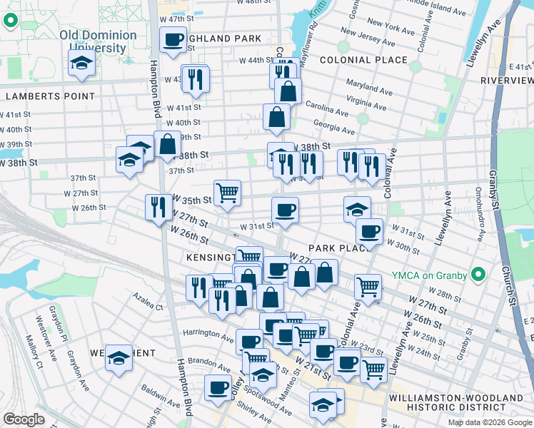 map of restaurants, bars, coffee shops, grocery stores, and more near 827 West 35th Street in Norfolk