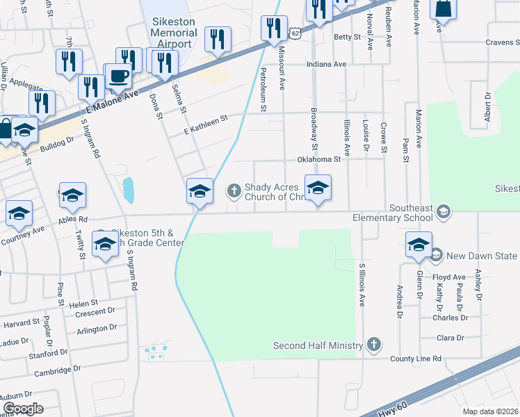 map of restaurants, bars, coffee shops, grocery stores, and more near 418 Shady Lane in Sikeston