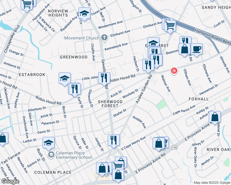 map of restaurants, bars, coffee shops, grocery stores, and more near 4914 Krick Street in Norfolk