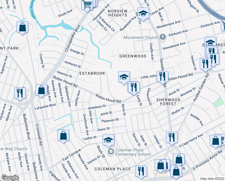 map of restaurants, bars, coffee shops, grocery stores, and more near 3432 East Bonner Drive in Norfolk