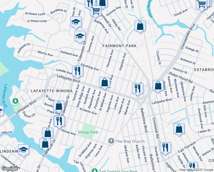map of restaurants, bars, coffee shops, grocery stores, and more near 3211 Brest Avenue in Norfolk