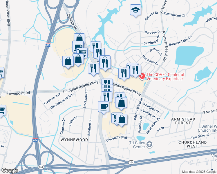 map of restaurants, bars, coffee shops, grocery stores, and more near 6150 College Drive in Suffolk