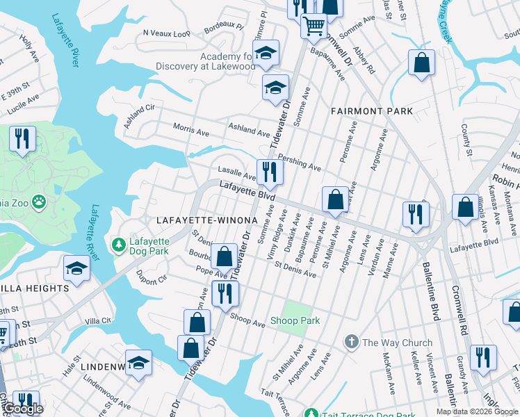 map of restaurants, bars, coffee shops, grocery stores, and more near 1915 Lafayette Boulevard in Norfolk