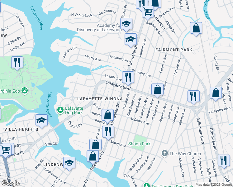 map of restaurants, bars, coffee shops, grocery stores, and more near 3109 Tidewater Drive in Norfolk