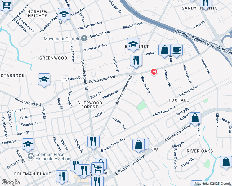 map of restaurants, bars, coffee shops, grocery stores, and more near 5025 Woolsey Street in Norfolk