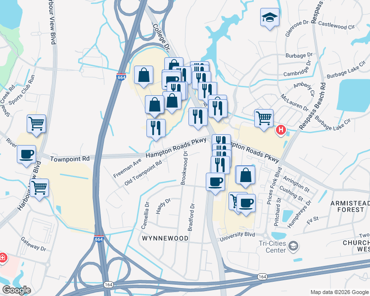 map of restaurants, bars, coffee shops, grocery stores, and more near 6273 Old Townpoint Road in Suffolk