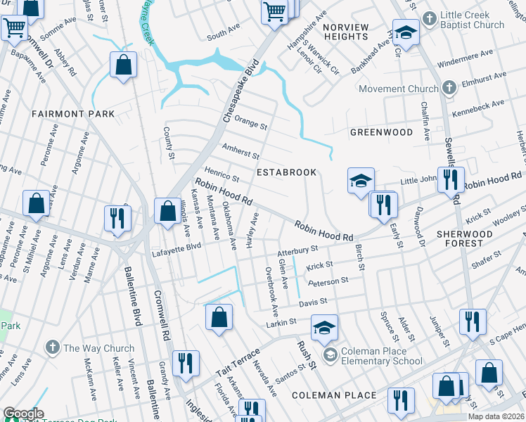 map of restaurants, bars, coffee shops, grocery stores, and more near 3722 Robin Hood Road in Norfolk