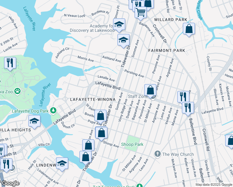 map of restaurants, bars, coffee shops, grocery stores, and more near 1915 Lafayette Boulevard in Norfolk