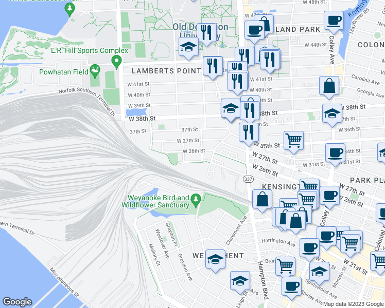 map of restaurants, bars, coffee shops, grocery stores, and more near 1313 West 26th Street in Norfolk