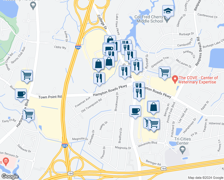 map of restaurants, bars, coffee shops, grocery stores, and more near Hampton Roads Parkway in Suffolk