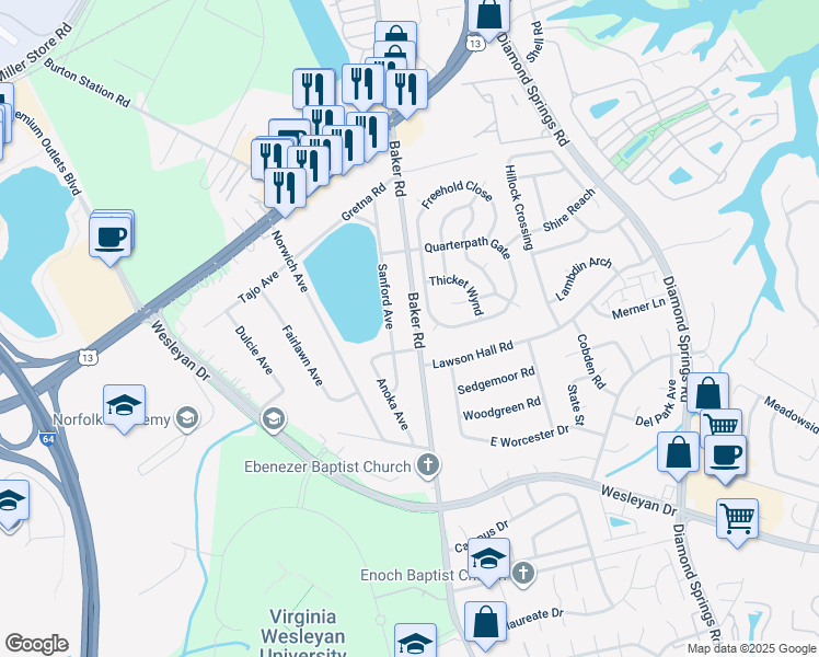 map of restaurants, bars, coffee shops, grocery stores, and more near 1053 Baker Road in Virginia Beach