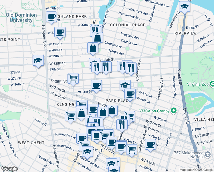 map of restaurants, bars, coffee shops, grocery stores, and more near 711 West 34th Street in Norfolk