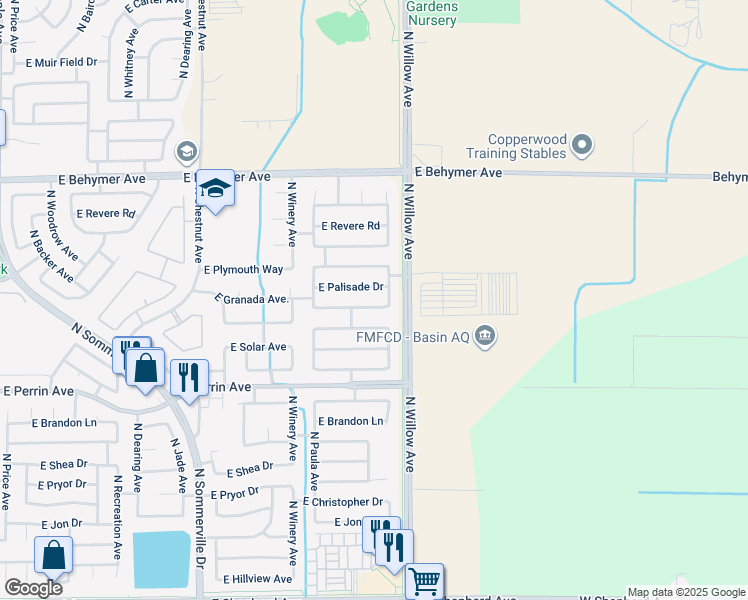 map of restaurants, bars, coffee shops, grocery stores, and more near 2950 East Granada Avenue in Fresno