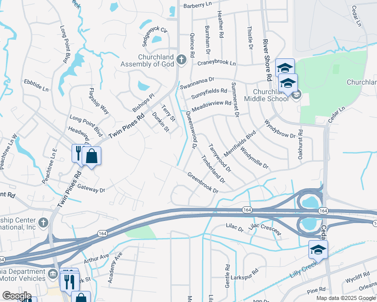 map of restaurants, bars, coffee shops, grocery stores, and more near 4010 Queenswood Drive in Portsmouth